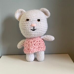 Crocheted Bear Plush Toy in Pink and White